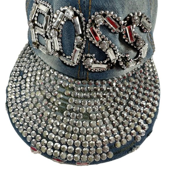 Womens Boss Hat Blue Denim Rhinestones Bling Cap One Size Adjustable Magid Hats - Picture 5 of 11